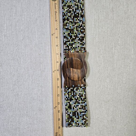 Belt Beaded Boho Locking Wood Clasp  Y2K 32 Inch Brown Blue - Picture 5 of 11